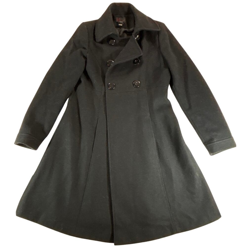 Vintage VIA 100% Wool Long Overcoat Women 8 Double Breasted Charcoal Flare Style